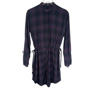 All Saints Women's Plaid Florence Shirt Dress S Black Drawstring Long Sleeve